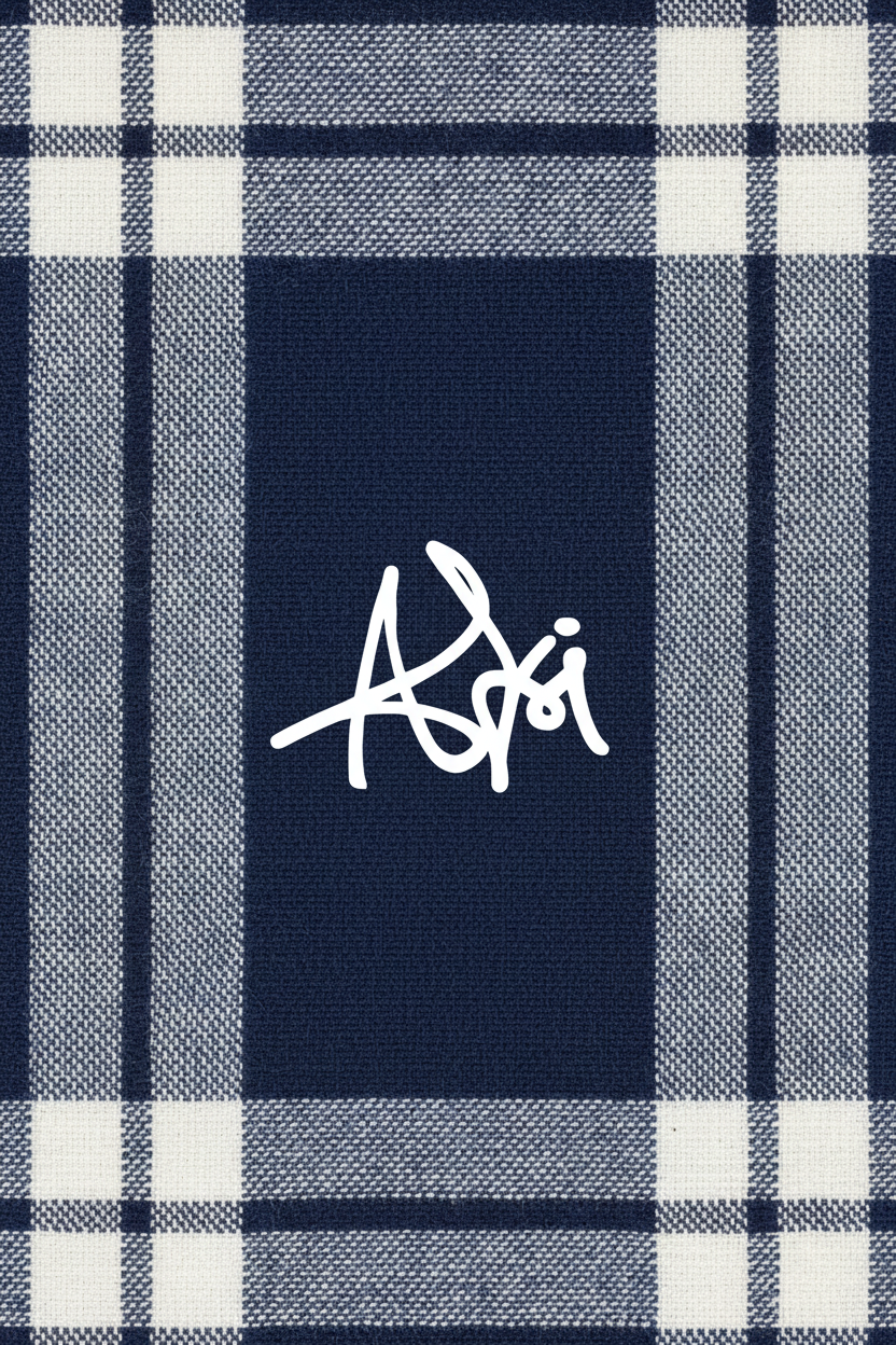 Navy blue plaid pattern with AKI logo